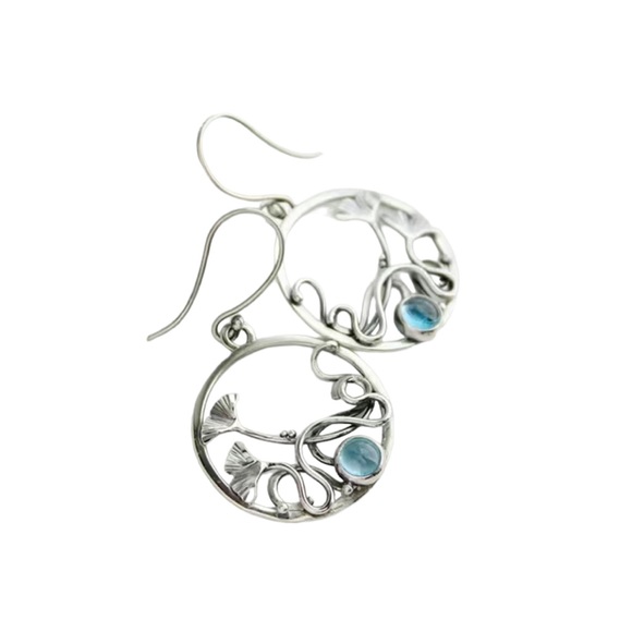 Silver and Blue Stone Maple Leaf Hoop Drop Earrings - Picture 4 of 5